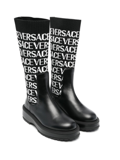 Versace Kids' Logo Jacquard Knit & Leather Tall Boots In Nero/bianco