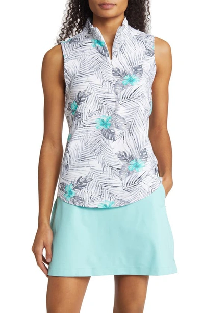 Tommy Bahama Aubrey Frond Of You Print Sleeveless Quarter Zip Top In Silvery Blue