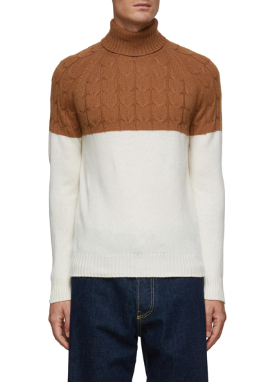 Equil Long Sleeve Turtleneck Cable Color Block Wool Pullover In Brown