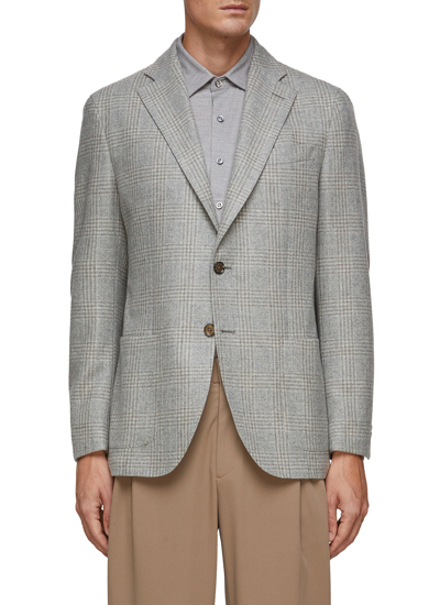 Equil 'jack' Notch Lapel Patch Pocket Unlined Glen Plaid Single Breasted Blazer In Grey