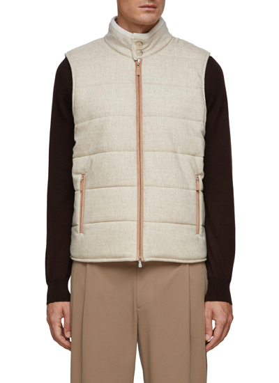 Equil Zip Front Buttoned Mock Collar Zip Pocket Quilted Vest In Neutral
