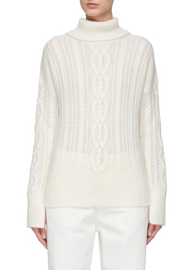 Dreyden Cashmere Chunky Cable Knit Split Neck Sweater In White