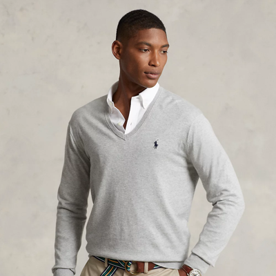 Ralph Lauren Cotton V-neck Sweater In Andover Heather