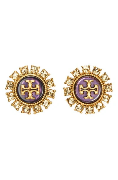 Tory Burch Kira Crystal Stud Earring In Antique Brass/purple Multi