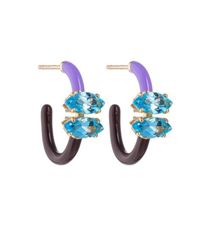 Bea Bongiasca Lavender And Chocolate Marquise Cut Vine Hoops In Yellow Gold
