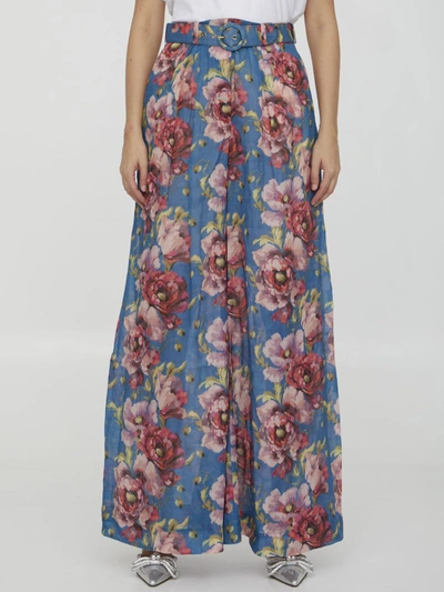 Zimmermann Belted Floral-print Ramie-voile Wide-leg Trousers In Blue