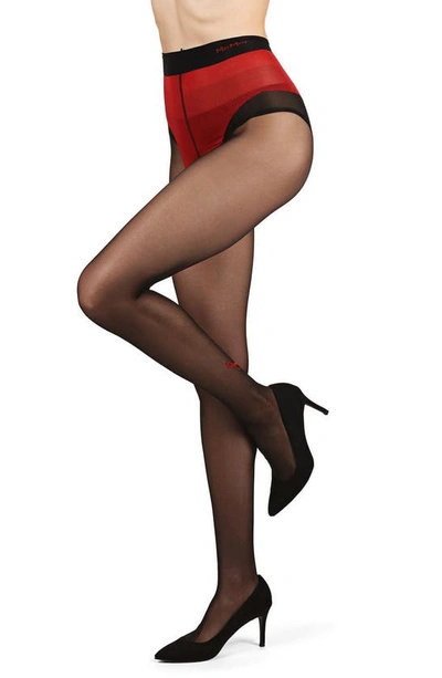 Memoi Love Behind The Seams Backseam Crotchless Tights In Black-red