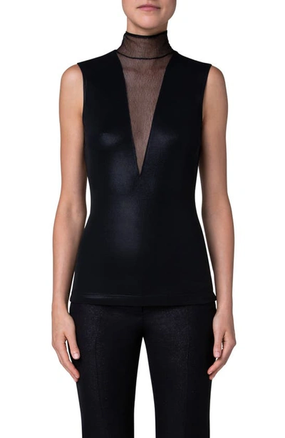Akris Liquid Jersey Top With Tulle Neck Detail In Black