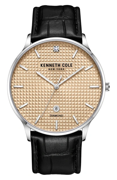 Kenneth Cole Diamond Index Leather Strap Watch, 42mm In Black