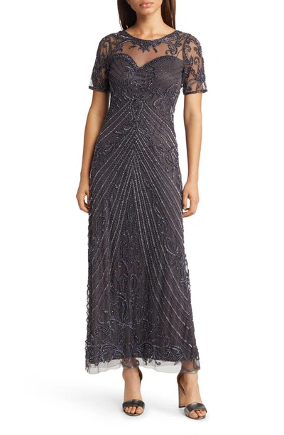 Pisarro Nights Illusion Beaded Mesh Column Gown In Slate