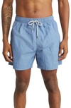Vintage Summer Solid Washed Water Repellent Swim Trunks In Blue