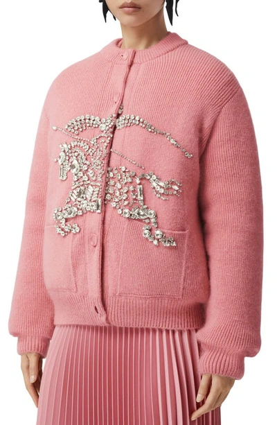 Burberry Crystal Ekd Padded Wool Mohair Blend Cardigan In Pink