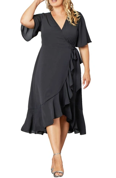 Kiyonna Chloe Midi Wrap Dress In Black Noir