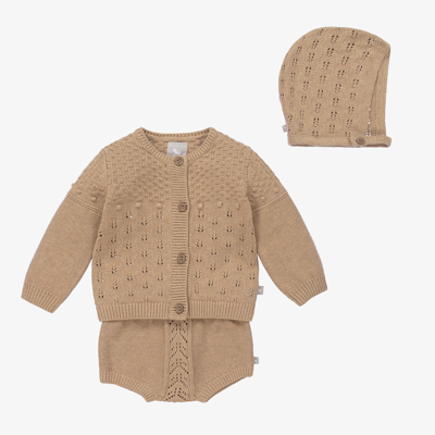 The Little Tailor Babies' Cotton-knit Cardigan And Bonnet Three-piece-set 3-12 Months In Caramel