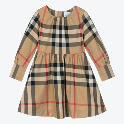 Burberry Kids' Adriana Check Long Sleeve Stretch Cotton Dress In Archive Beige