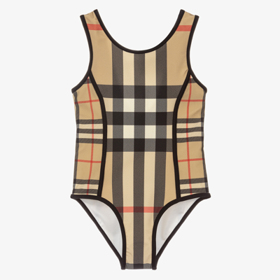Burberry Kids' Girls Beige Check Swimsuit In Multicolor