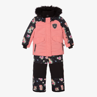 Deux Par Deux Kids' Girls Black Floral 2-piece Snowsuit