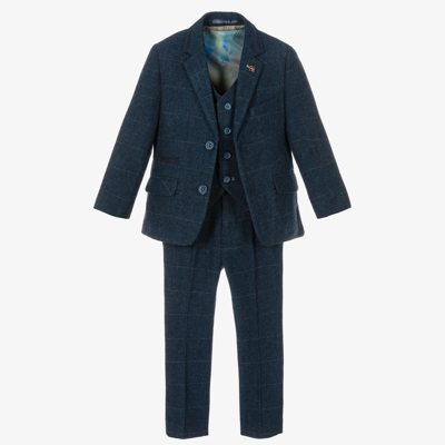 House Of Cavani Kids'  Boys Blue Wool Tweed Carnegi 3 Piece Suit