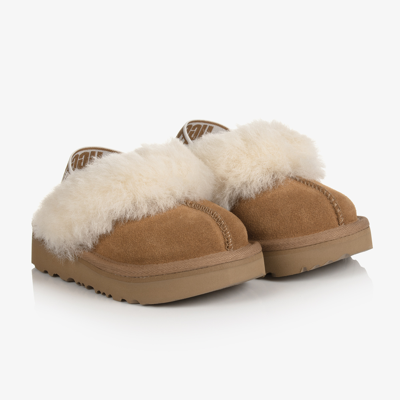 Ugg Kids' Logo饰带皮毛一体拖鞋 In Chestnut