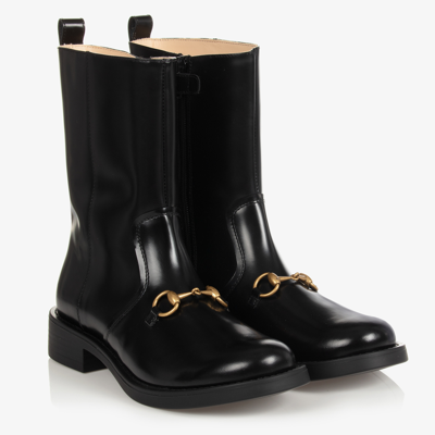 Gucci Girls Black Leather Boots In Black