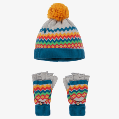 Frugi Kids' Grey Knitted Fair Isle Hat Set