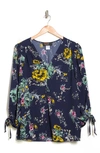 Renee C Floral Print Tie Cuff Blouse In Navy