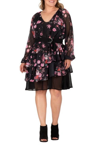 S And P Floral Print Belted Long Sleeve Chiffon Dress In Black Floral