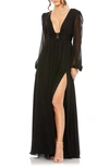 Ieena For Mac Duggal Plunge Neck Lace-up Long Sleeve Gown In Black