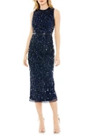 Mac Duggal Sequin High Neck Sheath Midi Dress In Midnight