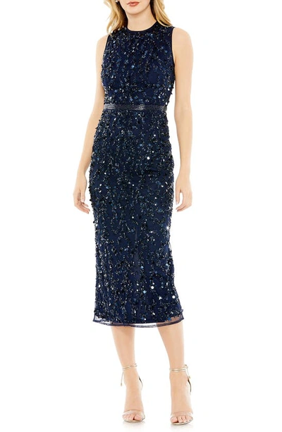 Mac Duggal Sequin High Neck Sheath Midi Dress In Midnight