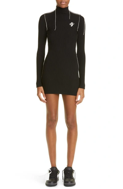 Off-white Outline Embroidered Long Sleeve Wool Blend Rib Minidress In Black White