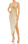 Mac Duggal Sequin Stripe Wrap Front Sheath Gown In Nude Gold