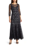 Pisarro Nights Sequin Beaded Illusion Gown In Black/ Gun