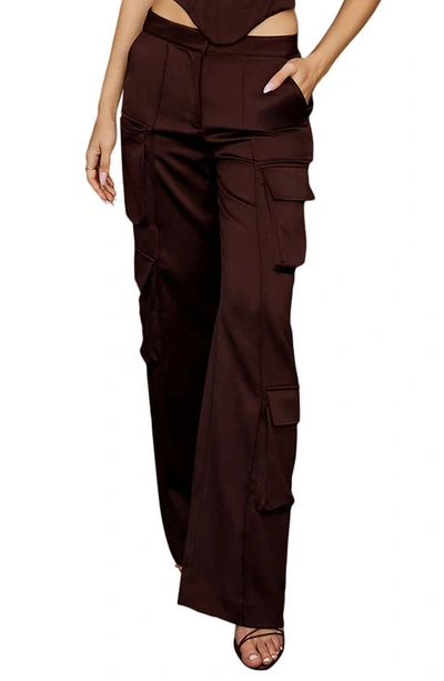 House Of Cb Daria Satin Cargo Trousers In Chocolate