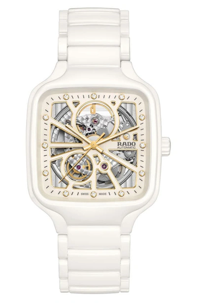 Rado True Square Open Heart Automatic Bracelet Watch, 38mm In Gold Tone / White