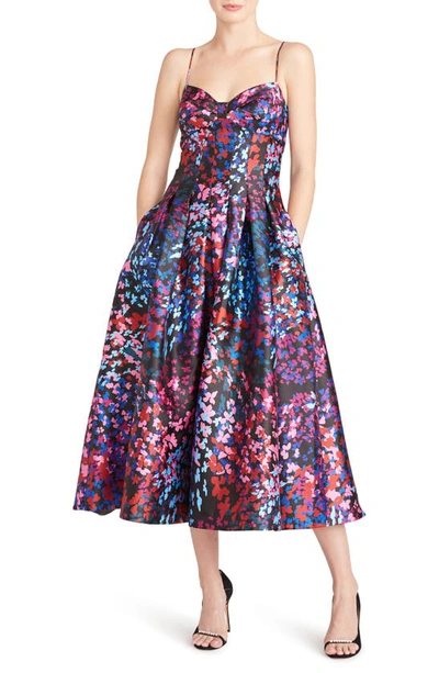 ml Monique Lhuillier Floral Satin Fit-and-flaremidi-dress In Black