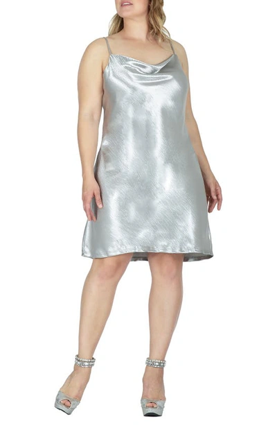 S And P Cowl Neck Metallic Crinkle Satin Slipdress In Silver