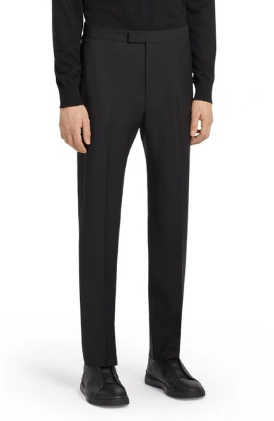 Zegna Flat-front Cotton-blend Trousers In Black