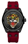 I Touch X Ed Hardy Tiger Art Silicone Watch, 38mm In Print Dial/ Matte Red