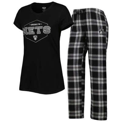 Concepts Sport Women's  Black, Gray Brooklyn Nets Badge T-shirt And Pajama Pants Sleep Set In Black,gray