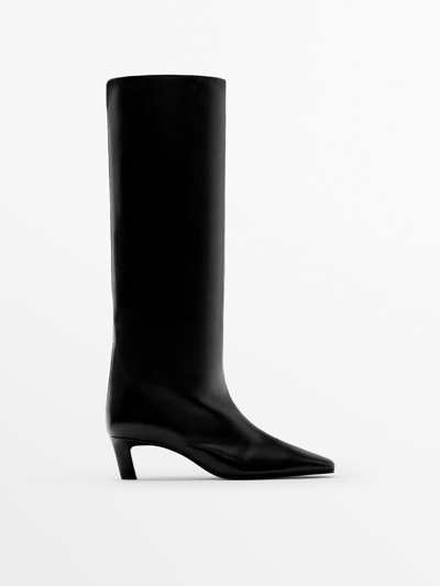 Massimo Dutti Leather High-heel Boots In Black