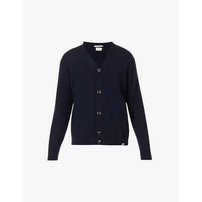 Peregrine Makers Stitch Ribbed-trim Wool-knitted Cardigan In Navy