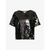 GOOD AMERICAN GOOD AMERICAN WOMEN'S BLACK001 SEQUIN-EMBELLISHED ROUND-NECK STRETCH-WOVEN T-SHIRT,62451018