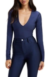 Good American High Shine Compression V-neck Thong Bodysuit In Blue Rinse