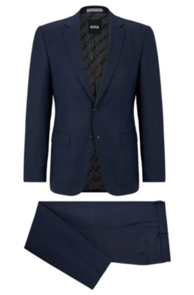 Hugo Boss Slim-fit Suit In Checked Performance-stretch Virgin Wool In Dark Blue