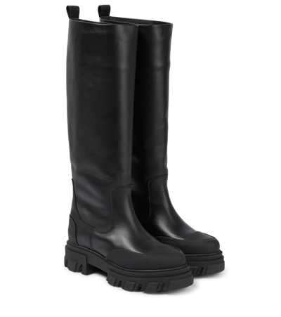 Ganni Knee-high Leather Boots In Black