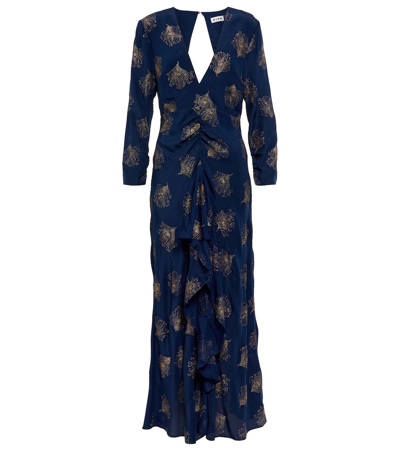 Rixo London Rose Feather-print Ruffled Silk Maxi Dress In Blue