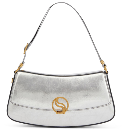 Stella Mccartney Logo Metallic Vegan Leather Shoulder Bag In Silver