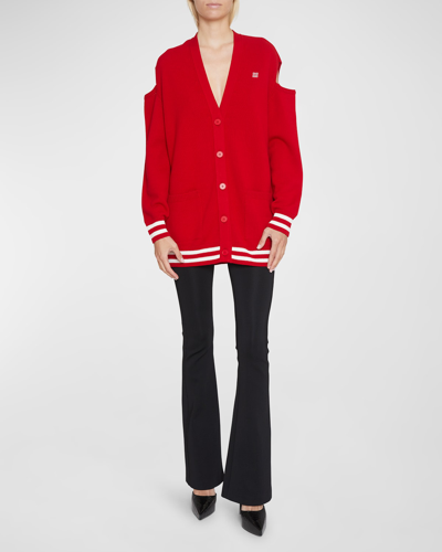 Givenchy Logo Cold Shoulder Wool & Cashmere Blend Cardigan In Red White