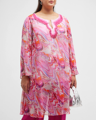 Gabriella Rossetti Valentina Marble-print Strass Embroidered Silk Tunic In Pink Marble